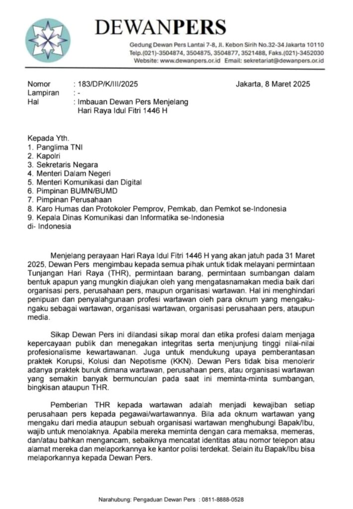 Dewan Pers Himbauan Pemerintah Agar Tidak Melayani Sumbangan “THR” Atas Nama Media